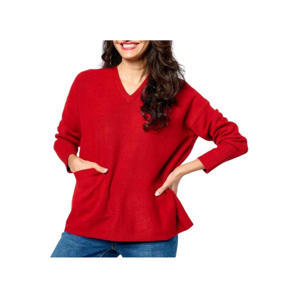WynneLayers Women's V-Neck Boxy Sweater with Pocket Brick Red - Regular
